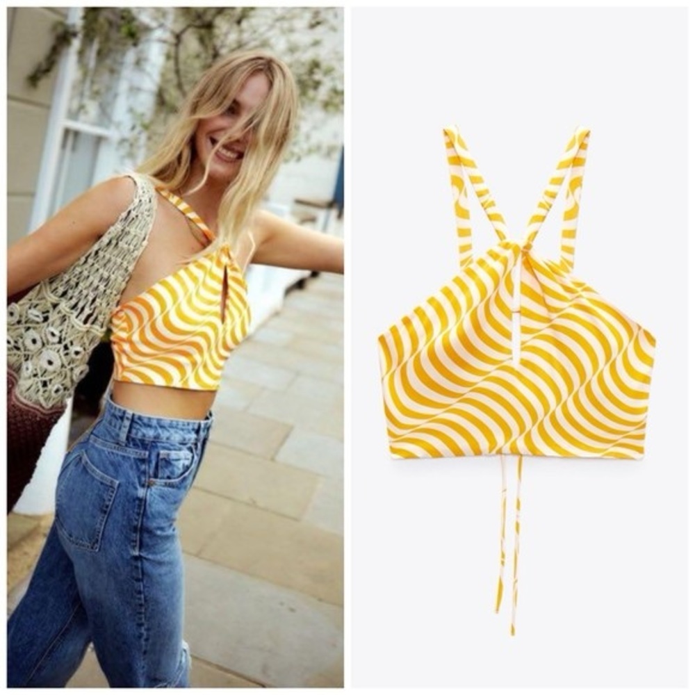 Zara Orange Swirl Satin Effect Keyhole Halter Top